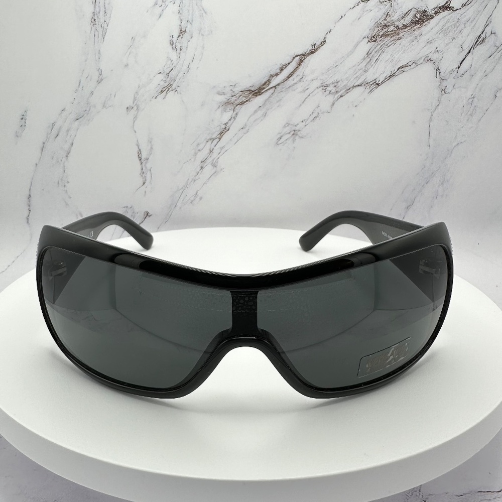 ❌SOLD ❌VERSACE Sunglasses New Black Crystals Logo Authentic Shield Wrap Visor - Picture 4 of 13